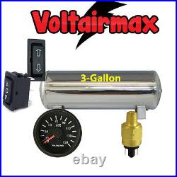 3 Gal Stainless Polished AirTank 5Port Air Ride Suspension Gauge Press Switch